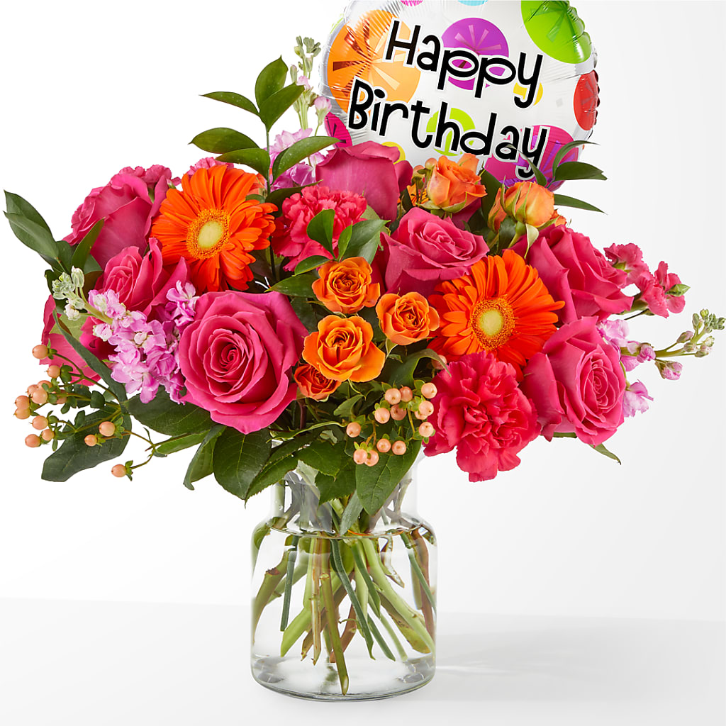 Fiesta Bouquet with Birthday Balloon – Babes Floral Design Llc, Old Fort NC