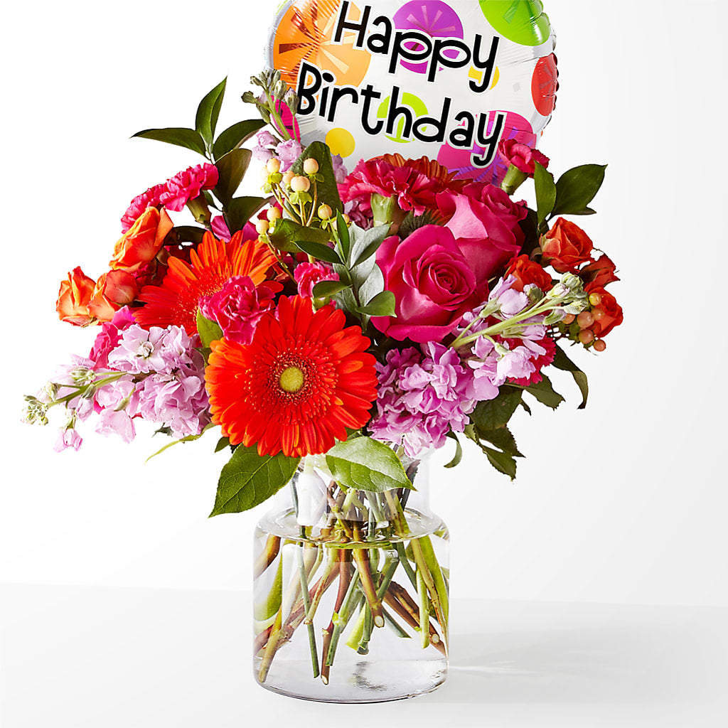 Fiesta Bouquet with Birthday Balloon – Babes Floral Design Llc, Old Fort NC
