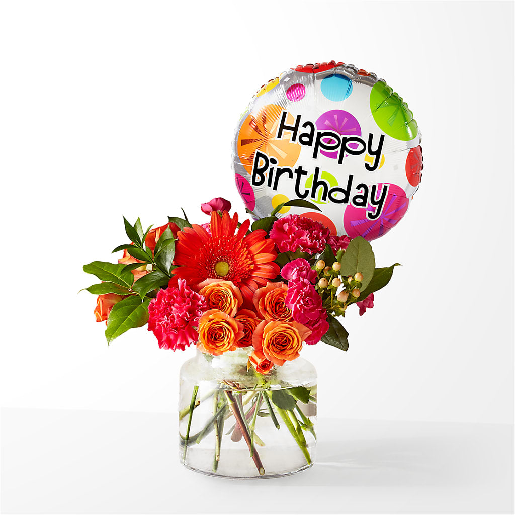 Fiesta Bouquet with Birthday Balloon – Babes Floral Design Llc, Old Fort NC