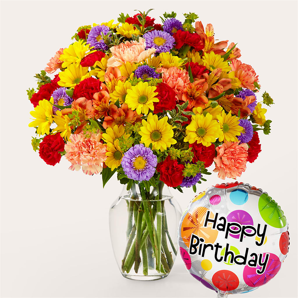 Kaleidoscope Bouquet with Birthday Balloon – Babes Floral Design Llc, Old Fort NC