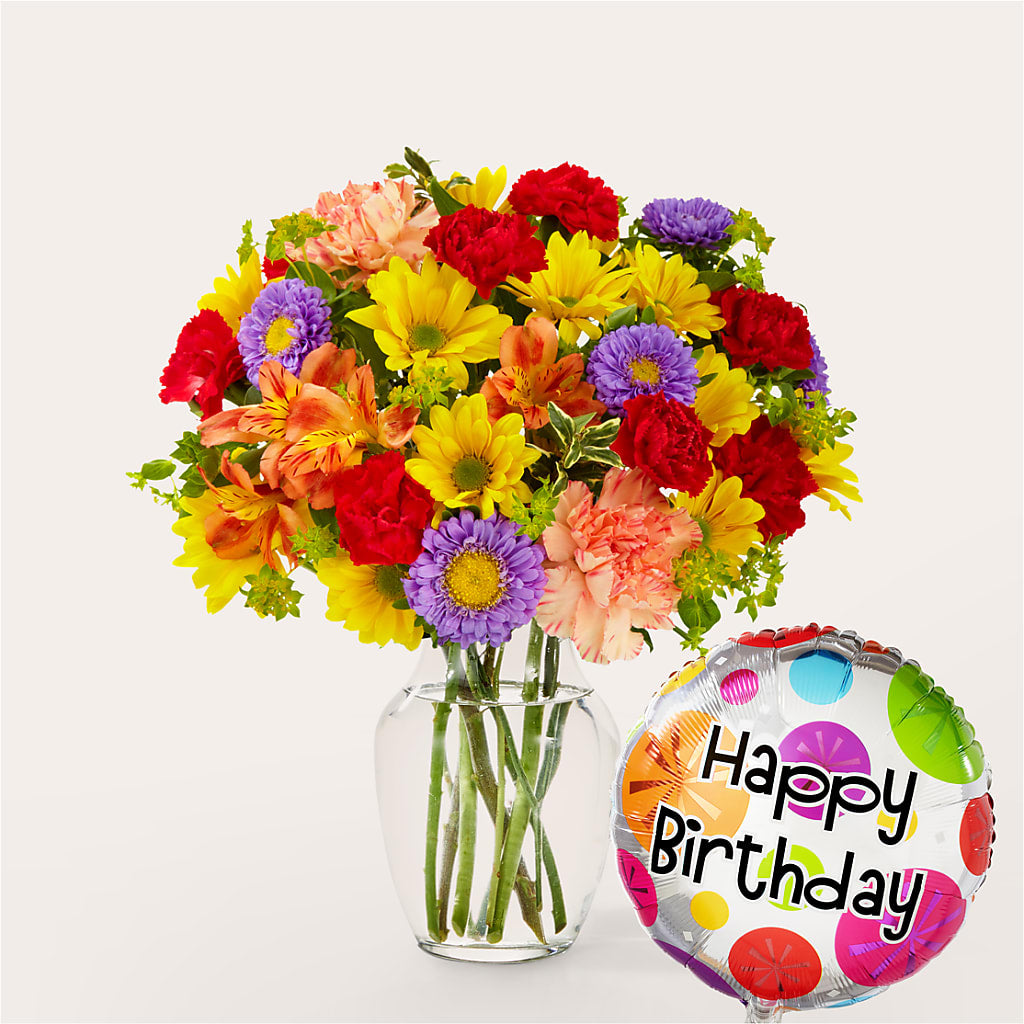Kaleidoscope Bouquet with Birthday Balloon – Babes Floral Design Llc, Old Fort NC